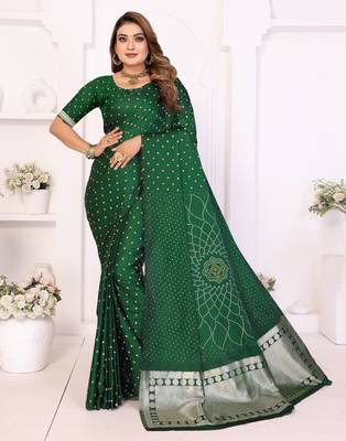 green satin bandhej printed saree with blouse 1