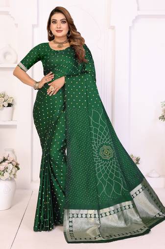 green satin bandhej printed saree with blouse