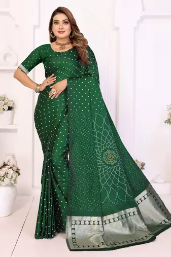 green satin bandhej printed saree with blouse