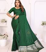 green satin bandhej printed saree with blouse