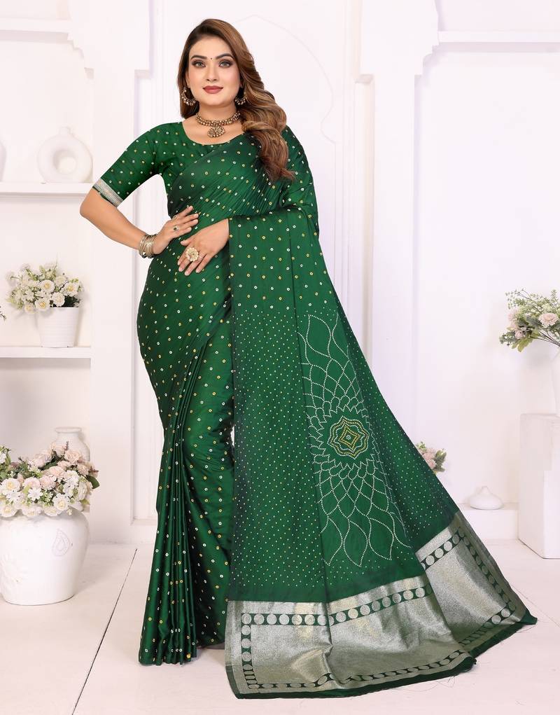 green satin bandhej printed saree with blouse