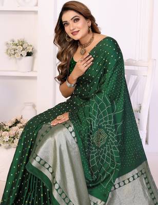 green satin bandhej printed saree with blouse 2