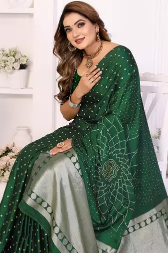 green satin bandhej printed saree with blouse