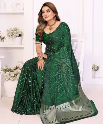 green satin bandhej printed saree with blouse 3