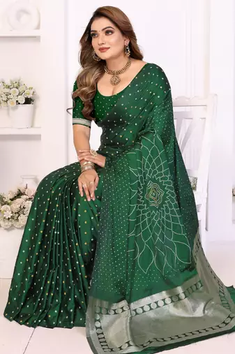 green satin bandhej printed saree with blouse