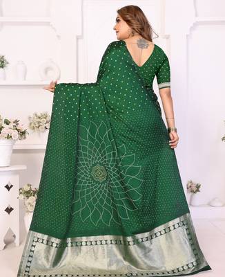 green satin bandhej printed saree with blouse 4
