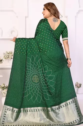 green satin bandhej printed saree with blouse