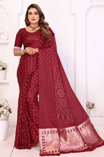 maroon satin bandhej printed saree with blouse