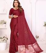 maroon satin bandhej printed saree with blouse