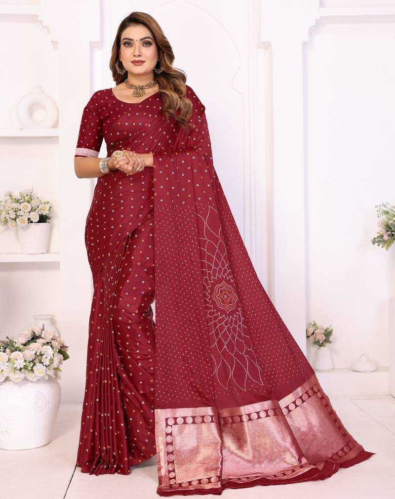 maroon satin bandhej printed saree with blouse