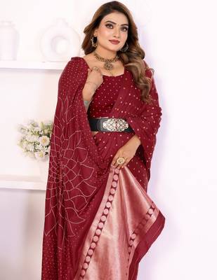 maroon satin bandhej printed saree with blouse 2