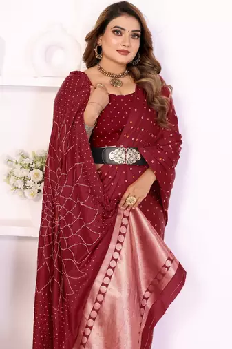 maroon satin bandhej printed saree with blouse