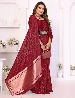 maroon satin bandhej printed saree with blouse 3