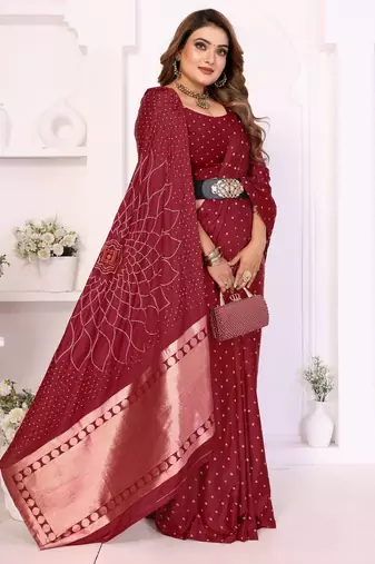 maroon satin bandhej printed saree with blouse