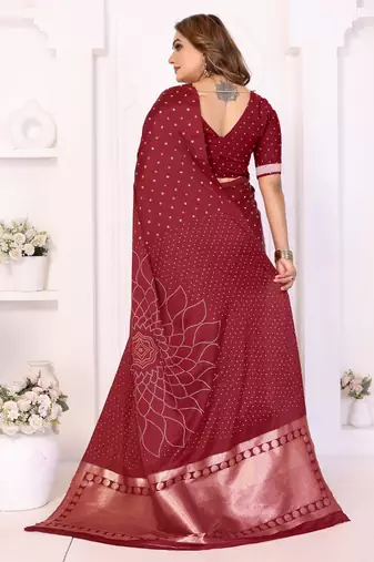 maroon satin bandhej printed saree with blouse
