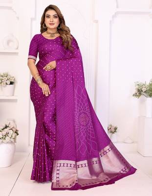 purple satin bandhej printed saree with blouse 1
