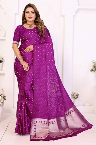 purple satin bandhej printed saree with blouse