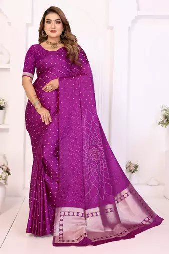 purple satin bandhej printed saree with blouse