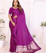 purple satin bandhej printed saree with blouse