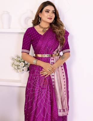 purple satin bandhej printed saree with blouse 2