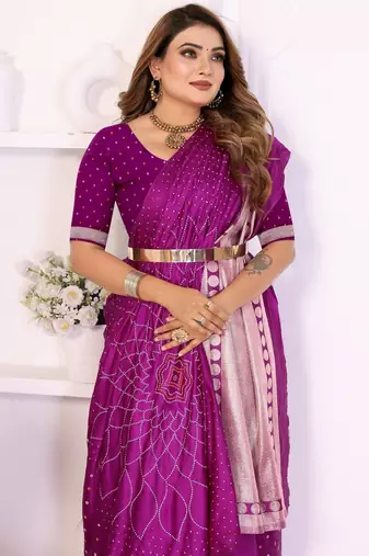 purple satin bandhej printed saree with blouse