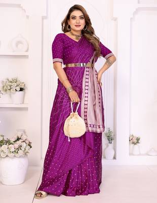 purple satin bandhej printed saree with blouse 3
