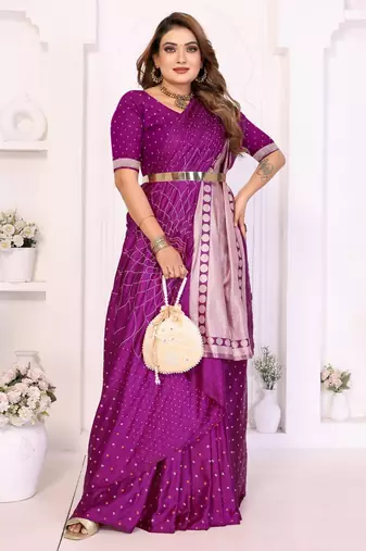 purple satin bandhej printed saree with blouse