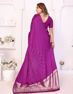 purple satin bandhej printed saree with blouse 4