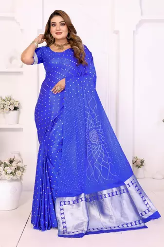 r blue satin bandhej printed saree with blouse