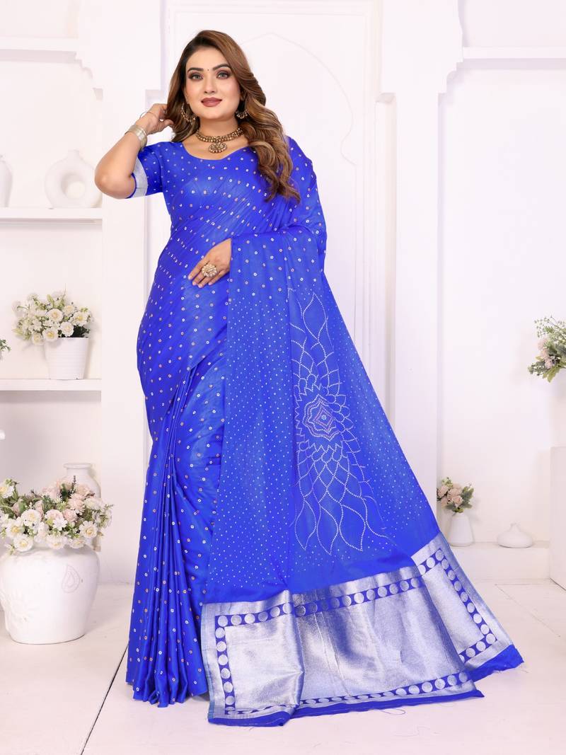 r blue satin bandhej printed saree with blouse