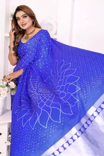 r blue satin bandhej printed saree with blouse