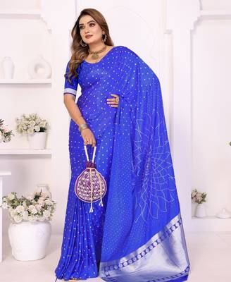 r blue satin bandhej printed saree with blouse 3