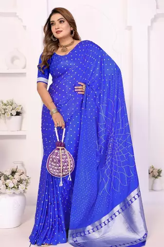 r blue satin bandhej printed saree with blouse