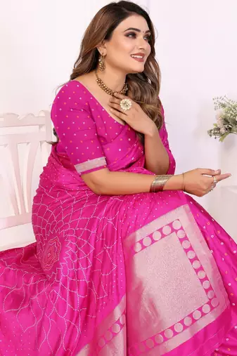rani satin bandhej printed saree with blouse