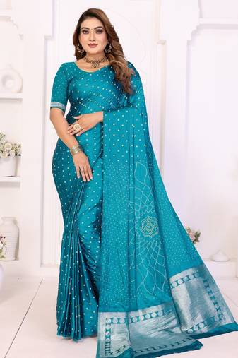 teal satin bandhej printed saree with blouse