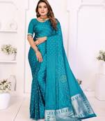 teal satin bandhej printed saree with blouse