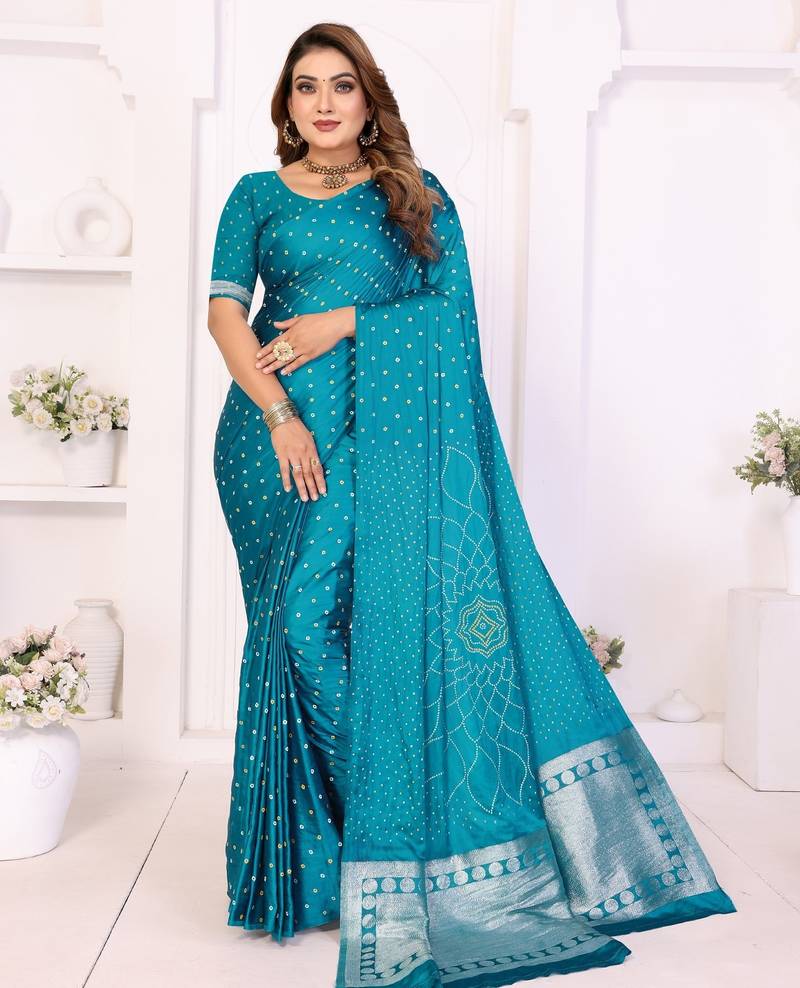 teal satin bandhej printed saree with blouse
