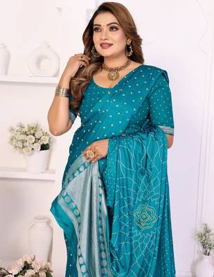 teal satin bandhej printed saree with blouse 2