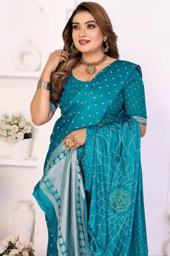 teal satin bandhej printed saree with blouse