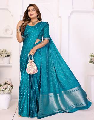 teal satin bandhej printed saree with blouse 3