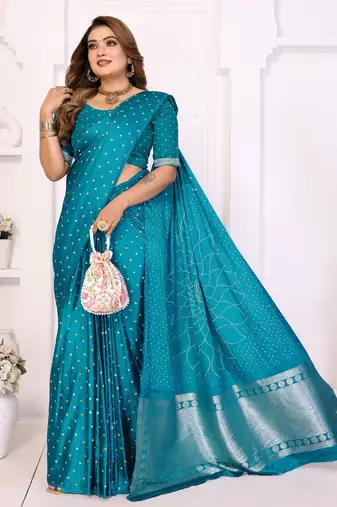 teal satin bandhej printed saree with blouse