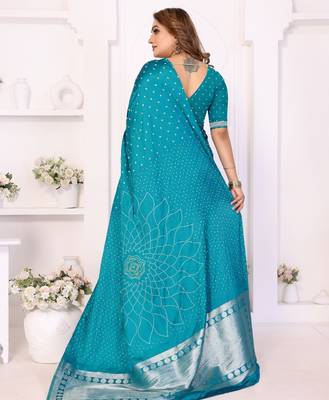 teal satin bandhej printed saree with blouse 4