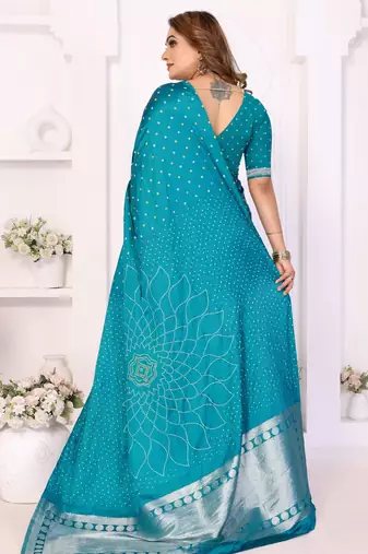 teal satin bandhej printed saree with blouse