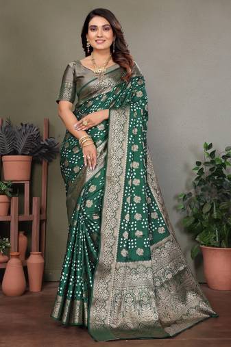 d green satin bandhej printed saree with blouse