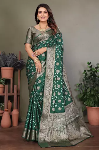 d green satin bandhej printed saree with blouse