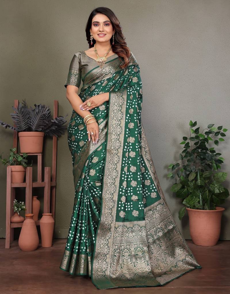d green satin bandhej printed saree with blouse