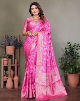 pink satin bandhej printed saree with blouse 1