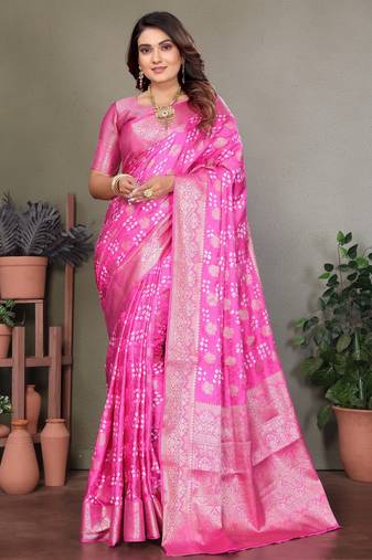 pink satin bandhej printed saree with blouse