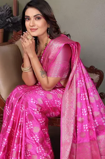 pink satin bandhej printed saree with blouse