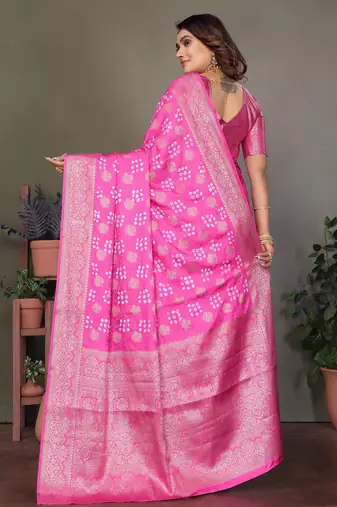 pink satin bandhej printed saree with blouse